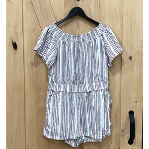 Linen Chambray Romper Jumpsuit Shorts Outfit Size L Striped